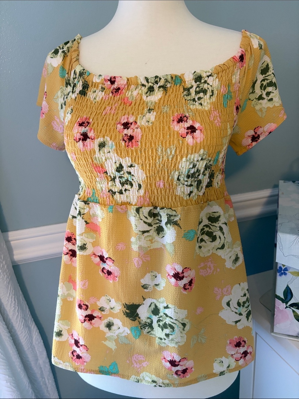 Yellow Floral Smocked Bust Peplum Top